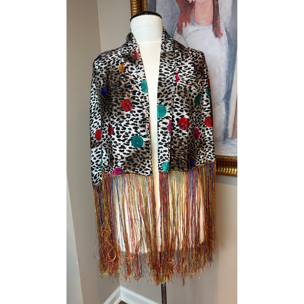 Vintage Leopard Print Shawl Rainbow Fringe Velvet Polka Dot Scarf Wrap 22x72